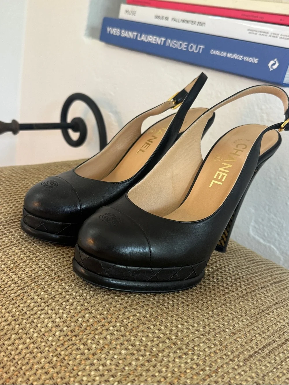 CHANEL Black Leather Slingback Platform Mules